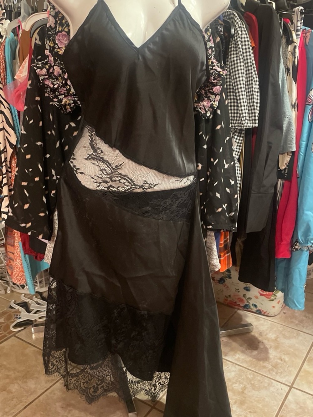 Asymmetrical Black Lace-Trim Evening Slip Dress